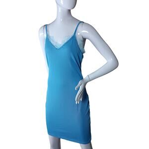 Ribbed Bodycon Tank Top Dress Size Large Light Blue Lace V Neckline Adjustable